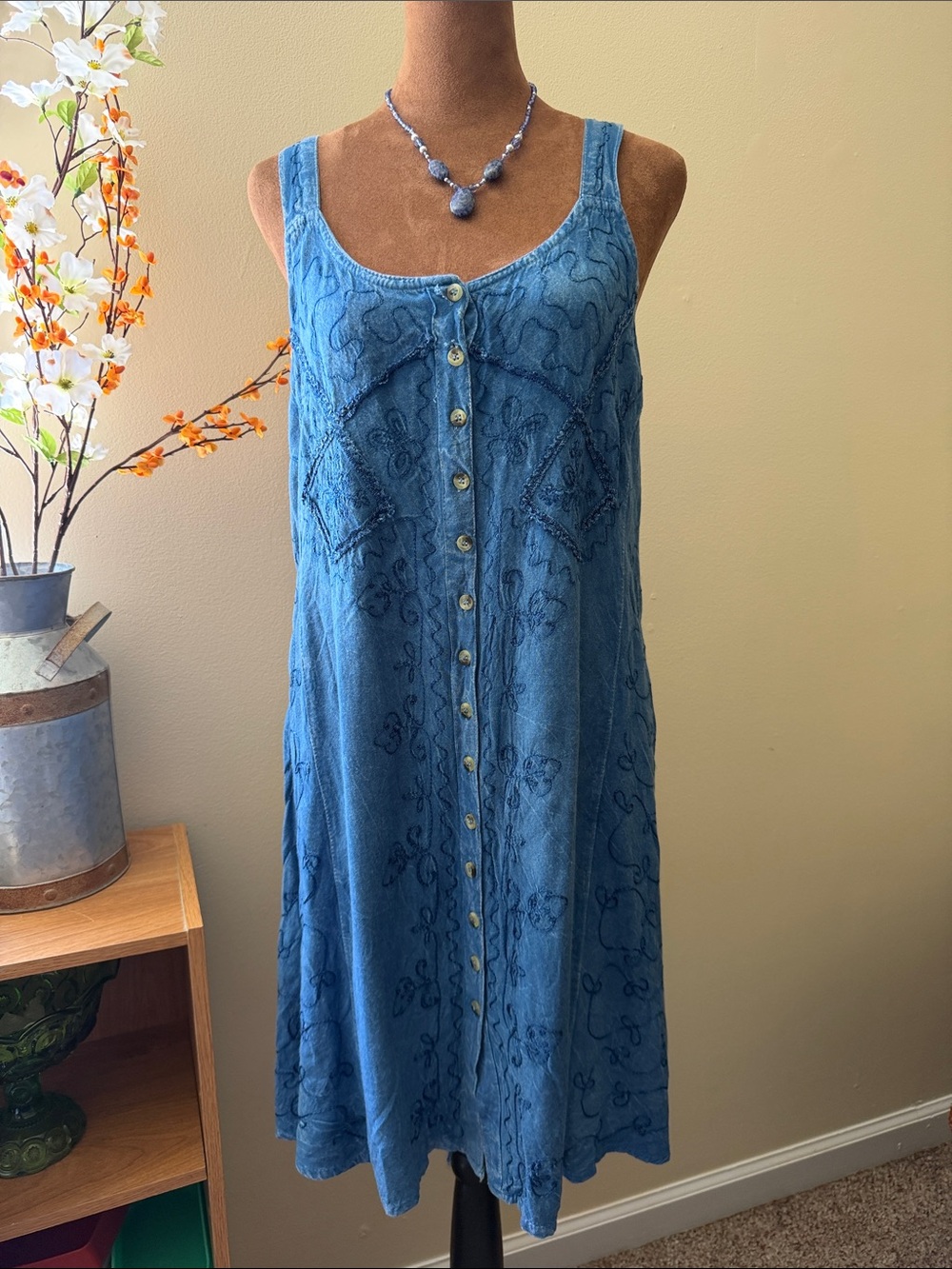 Blue Embroidered Button-Front Midi Dress